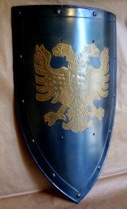 Shield of arms Aquila Biceps, Armours - Medieval shields - Shield used in the Middle Ages, with a two-headed eagle coat of arms, made entirely of iron burnished handmade figure and chiselled and gilded.