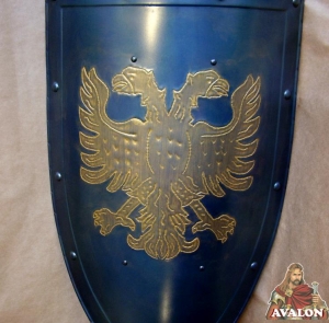 Shield of arms Aquila Biceps, Armours - Medieval shields - Shield used in the Middle Ages, with a two-headed eagle coat of arms, made entirely of iron burnished handmade figure and chiselled and gilded.