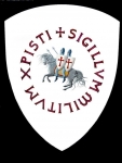 Armature elmi scudi - Scudi medievali - Scudo Sigillo Templare - Scudo Sigillo Templare su sfondo bianco, scudo triangolare in legno. misure: 72 x 62 cm.