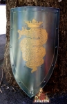 Armours - Medieval shields - Shield used in the Middle Ages raffiugurato a Biscione crowned and a human figure in its jaws, length 70 cm. Chapter 40 cm width.