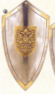 Scudo appuntato Imperiale, Armature elmi scudi - Scudi medievali - Scudo triangolare raffigurante lo stemma dell impero Germanico di un aquila bicipite, dimensioni: 89X44 cm.
