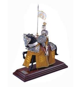 Cavaliere Miniatura, Medioevo - Miniature Storiche - Cavalieri - Riproduzione in scala ridotta di cavaliere da mostra a cavallo con bardatura d'arme.