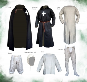 Complete from crusading XII / XIII century., Medieval - Medieval Clothing - Clothing medieval tunic complete with cap, shirt, pants, chausses, belt, cap. Period: mid 1100 to mid 1200