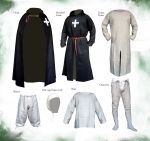 Medioevo - Abbigliamento medievale - Abbigliamento medievale completo di tunica con cappuccio, camicia, braghe, chausses, cintura, cuffia. Periodo: metà del 1100 alla metà del 1200