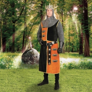 Costume Re Artù, Medioevo - Abbigliamento medievale - Costume Re Artù, tunica realizzata in velluto nero e giallo con i blasoni delle  tre corone di Arthur Pendragon in fili d'oro. Il prezzo è riferito alla sola tunica.